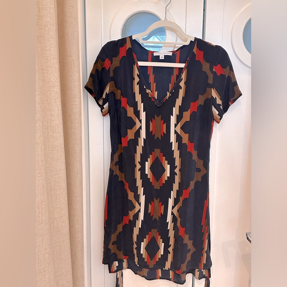 Amanda Uprichard Navy Silk Belted Dress Sz Small Western Chevron